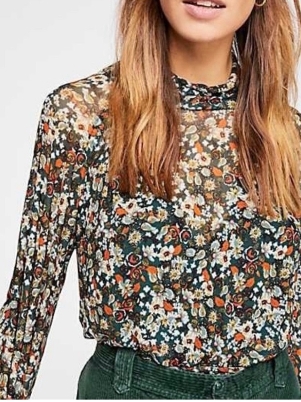 Free People Dark Green Floral Mock-Neck Mesh Blouse